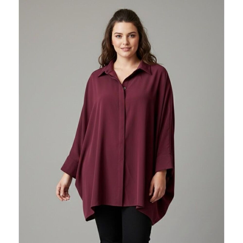 ST JOHN Draped Dolman Sleeve Blouse Women's Size Large Burgundy Red Button Down